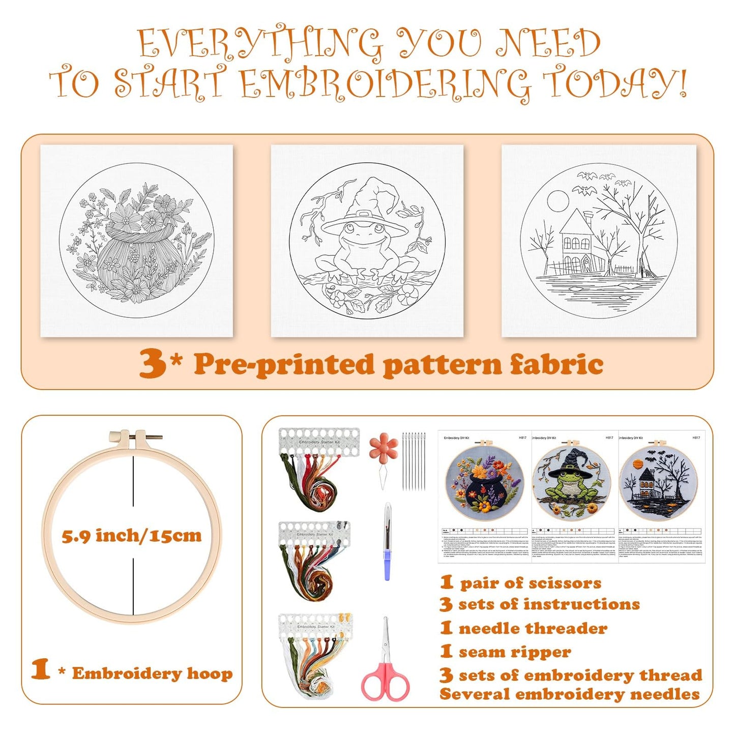 【Beginner Friendly Embroidery】 3 Set Halloween Embroidery Kit, Gothic Embroidery Starter Kit, DIY Stamped Cross Stitch Kits for Adults with Needles and Thread Included