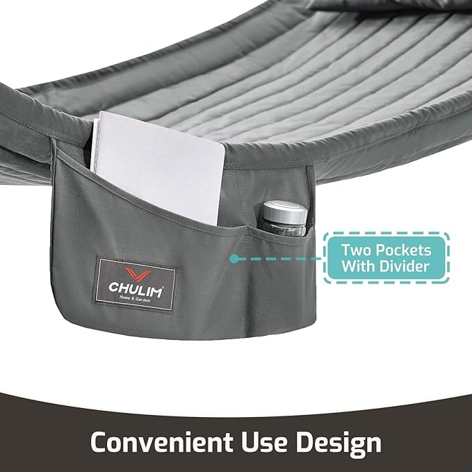 Double Quilted Fabric Hammock with Hardwood Spreader Bars and Pillow 450 LBS Capacity 2 Person Large Hammock for Outdoor Patio Backyard Poolside - Dark Grey