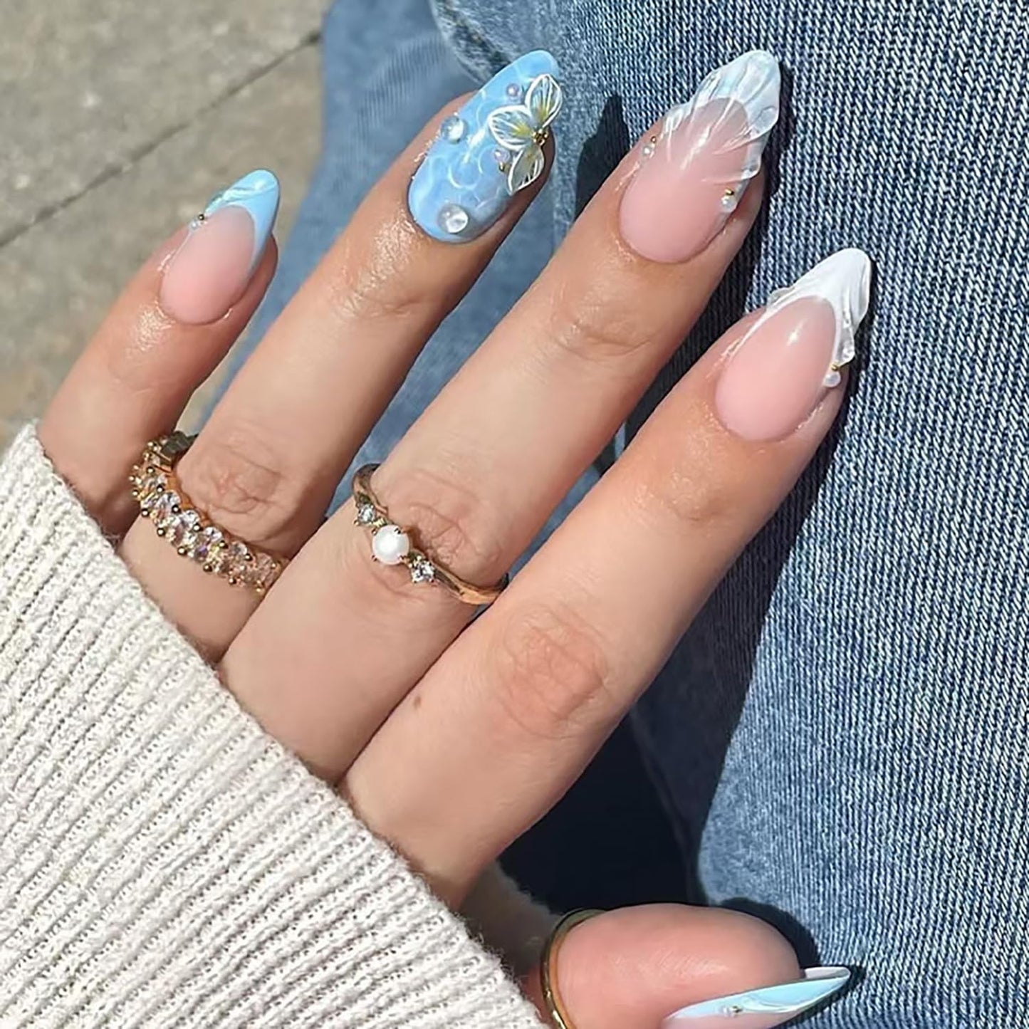 24 Pcs Blue Almond Press on Nails Medium Length Fake Nails 3D Flower and Water Ripple Design Artificial Acrylic Nails Press ons Cute French Tip False Nails Summer Glue-Free Nails for Women