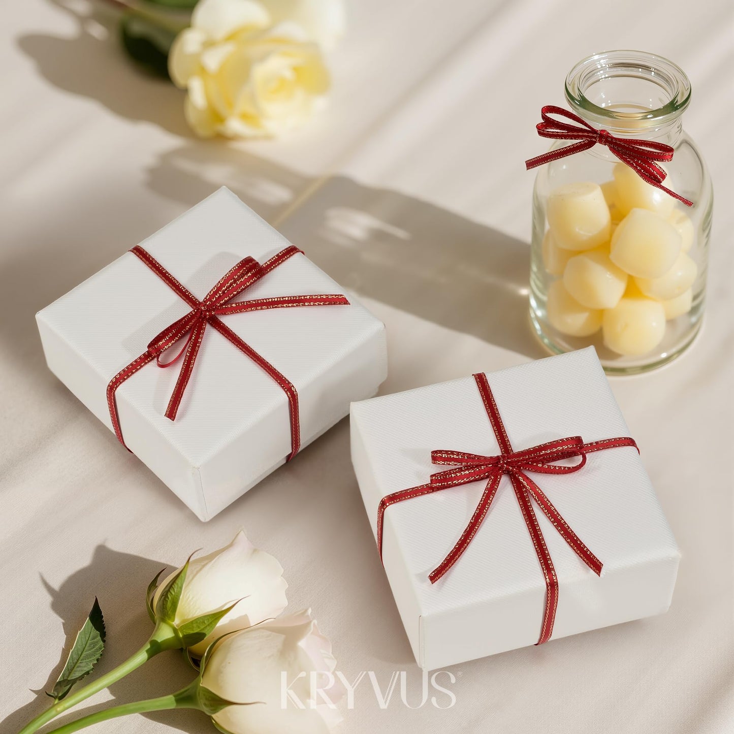 Kryvus Red Satin Ribbon with Gold Edge - 1/8 inch x Continuous 100 Yards Double Faced Thin Ribbon for Wedding Invitation Card, Gift Wrapping, Christmas Ornaments, Crafts