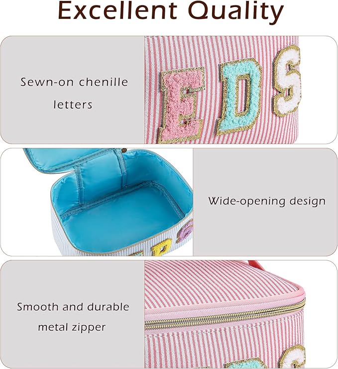 Chenille Letter MEDS Makeup Bag,Large Size Striped Medicine RX Cosmetic Bag with Top Handle, Aesthetic Seersucker First Aid Travel Organizer Bag for Women Girls(05Pink)