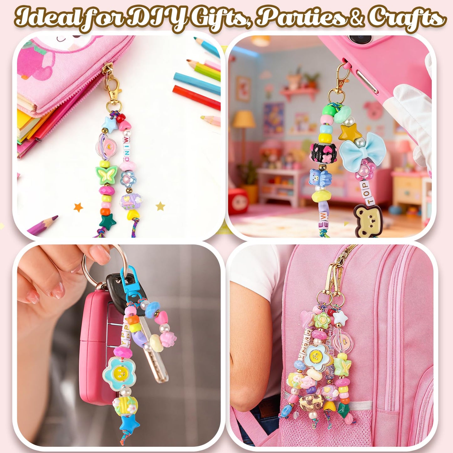 Ecoofor 487 PCS Beaded Keychain Making Kit, Acrylic Letter Beads with Heart, Star & Flower Charms for DIY Jewelry, Bag Accessories & Crafts for Women