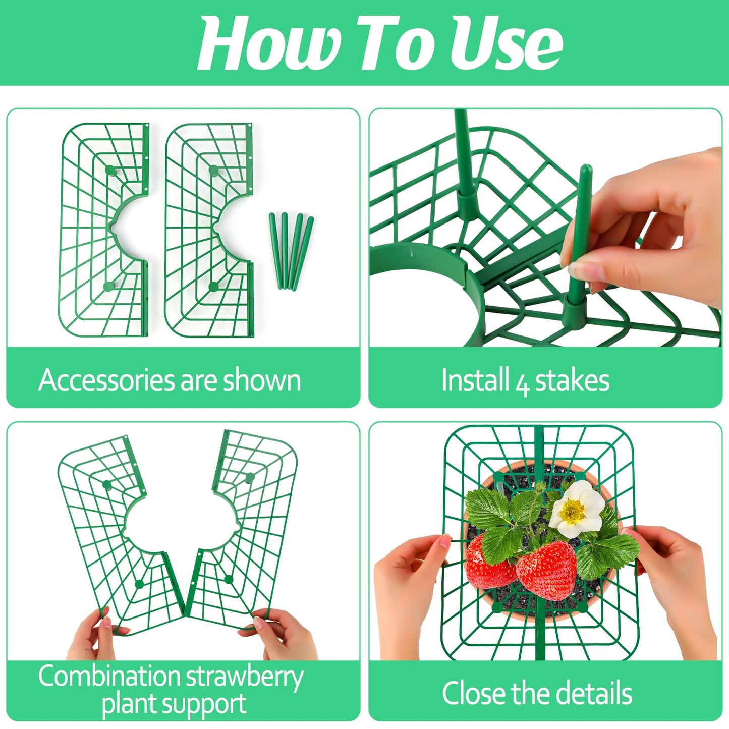 NODMIPNS 4 Sets Strawberry Plant Support with Mesh Cover - Square Gardening Frame, Animal Barrier, Iron Stakes & Storage Bag for Healthy Strawberries, Tomatoes, Veggies (Green) (4 pcs)