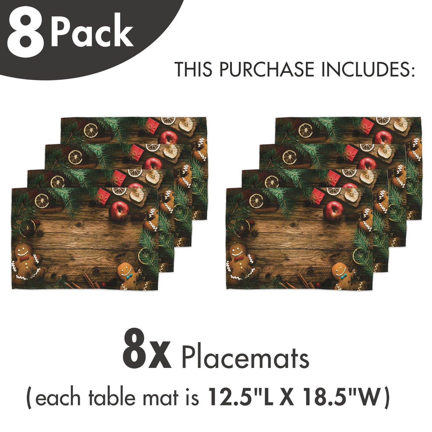 Ambesonne Christmas Place Mats Set of 8, Gingerbread Man Gift Box Coniferous Pine Cinnamon Dessert on Rustic Wood Theme, Washable Fabric Placemats for Dining Table, Placemat 8 pcs, Green and Brown