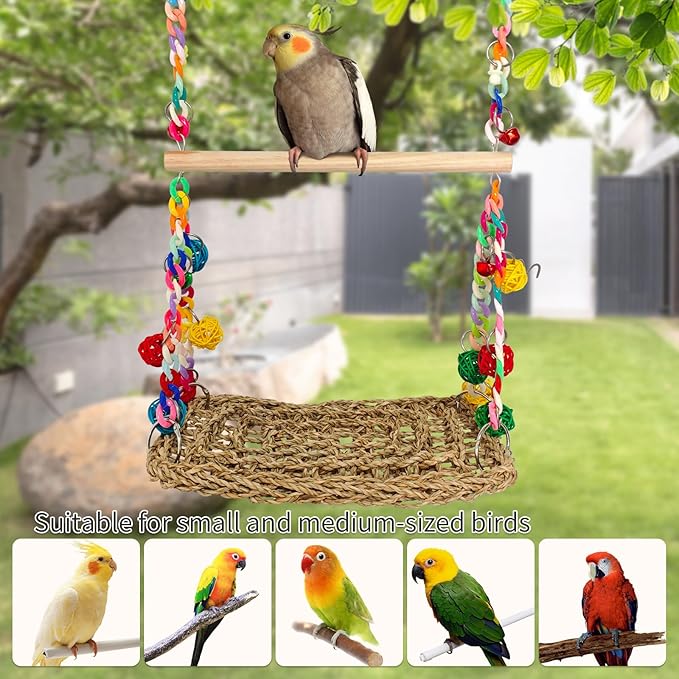 Natural Bird Swing Toys with Wood Perch, Double Layer Bird Seagrass Woven