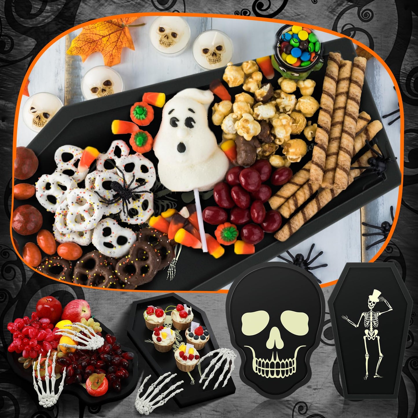 Zhehao 4 Pcs Halloween Serveware Supplies Wooden Coffin Ghost Charcuterie Board Cheese Board Serving Platter Snack Trays with Plastic Skeleton Hands Dinnerware Cookware for Home Party Dinnerware