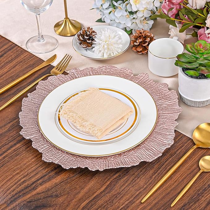Pesonlook 50Pcs Rose Gold Charger Plates Round 13inch, Reef Plate Chargers for Dinner, Bulk Plastic Floral Table Plates for Dinner Wedding Party Event Table Setting Decoration(Rose Gold)
