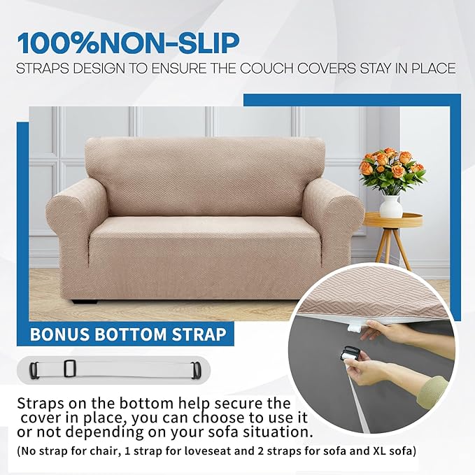 XINEAGE 2026 New Extra Large Couch Cover for 3 Cushion Couch (91"-110") 1 Piece Stretch Oversized Sofa Slipcovers Jacquard 4 Seater Furniture Protector Elastic Bottom for Kids,Pet (XL Sofa, Khaki)