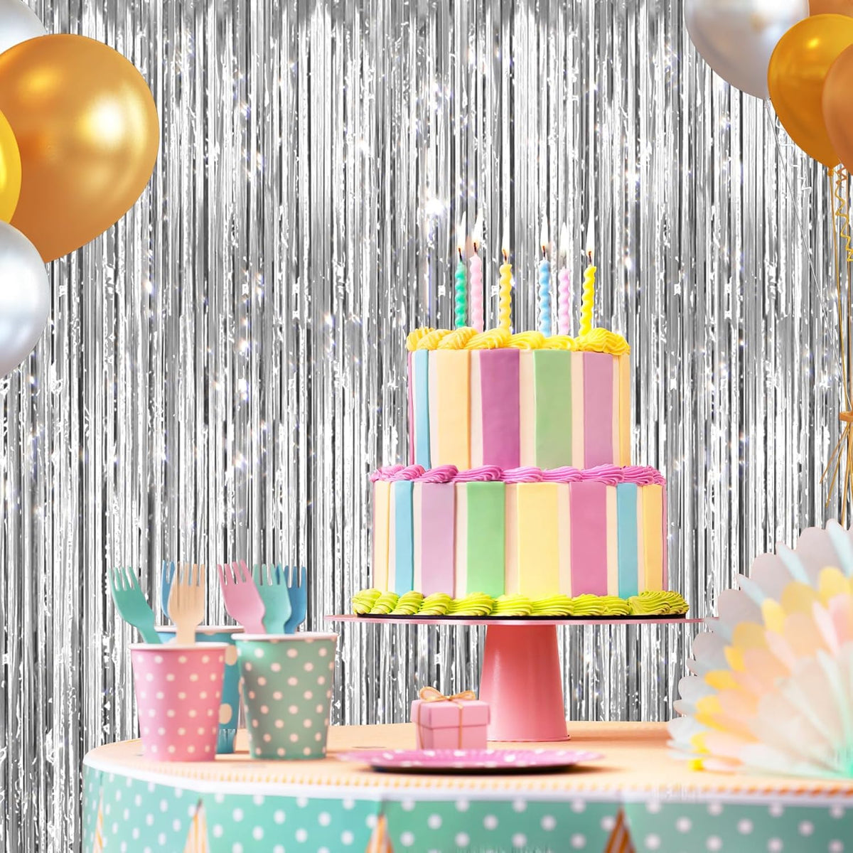 2 Pack Silver Metallic Tinsel Foil Fringe Curtains, Door Streamers Photo Booth Backdrop for Birthday Party, Tinsel Curtain Backdrop for Baby Shower Bachelorette Christmas Party Decorations