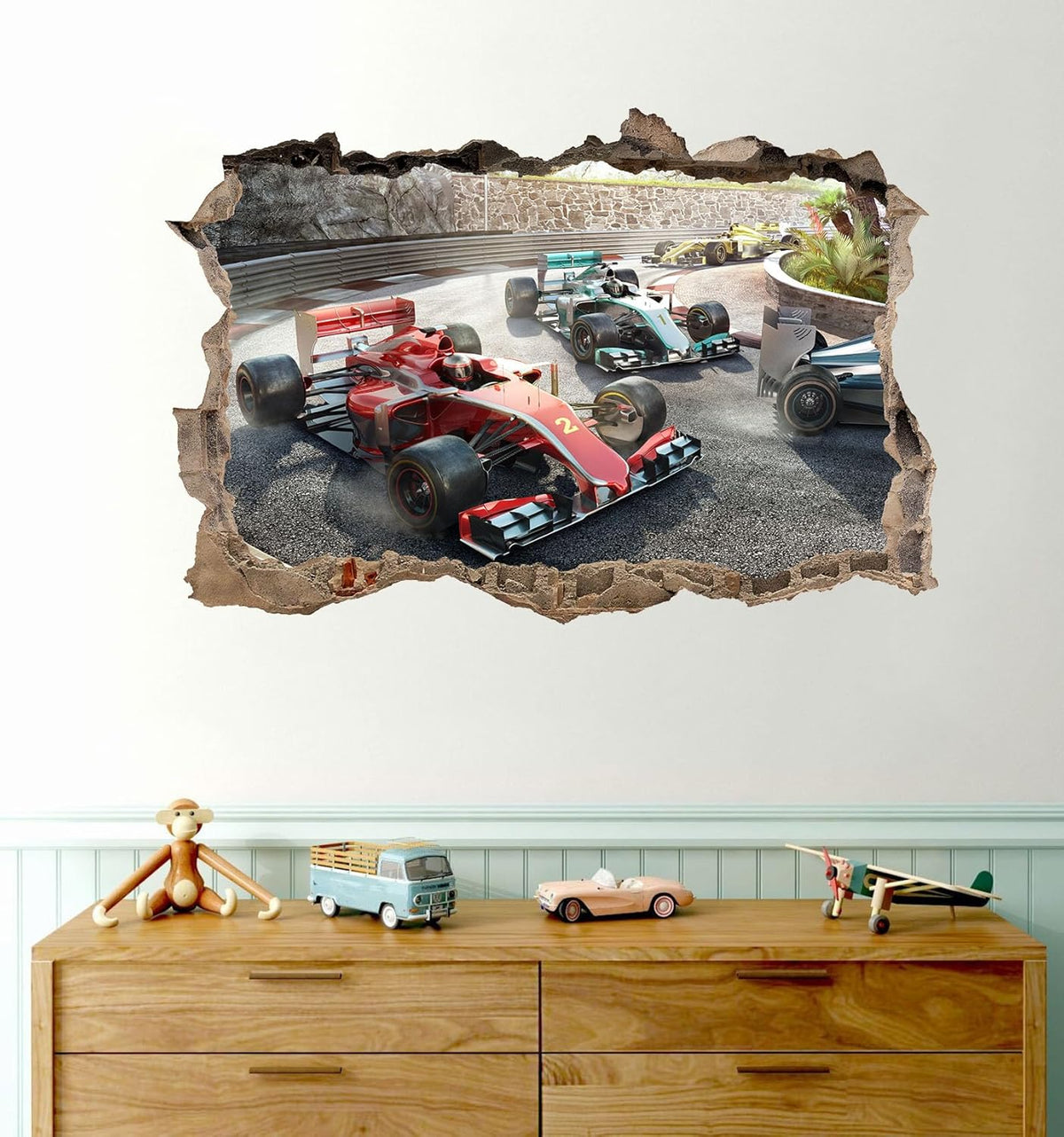 Large 3D Racing Car Wall Stickers (34.4”x 23”), Vehicles Roads Vinyl Wall Decals, Removable Racing Car Break Through Wall Art for Boys Bedroom Playroom Decor
