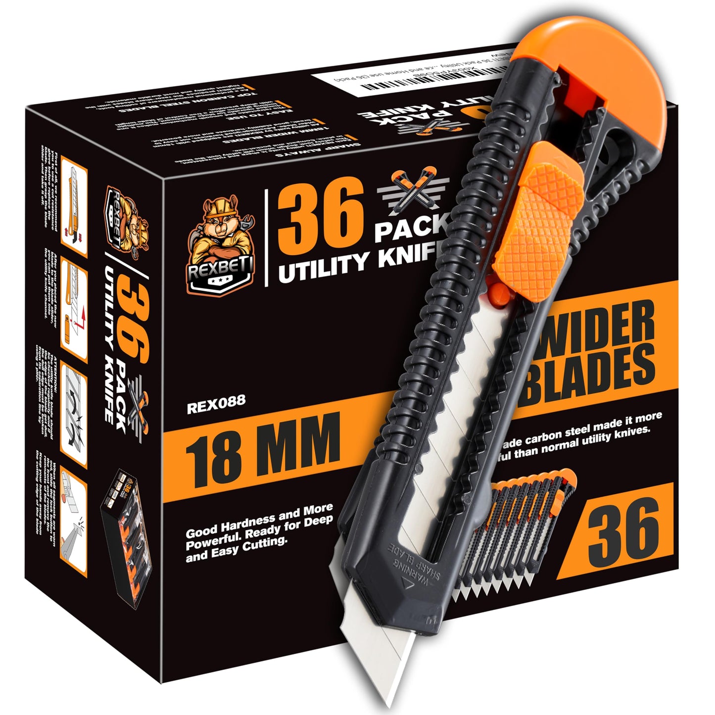REXBETI 36 Pack Utility Knife, Retractable Box Cutter for Cartons, Cardboard and Boxes, 18mm Wider Razor Sharp Blade, Smooth Mechanism, Perfect for Office and Home use (36 Pack)