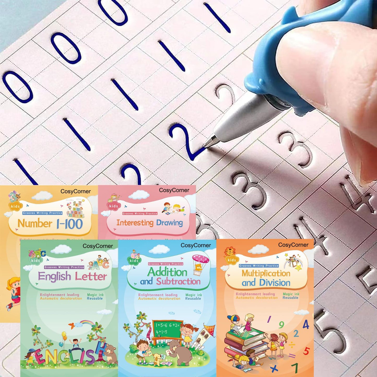 CosyCorner Magical Handwriting Workbooks Handwriting Practice Magic Copybook, Handwriting Aid Magic Pen Reusable Copybook Grooves Template Design for Children (5)