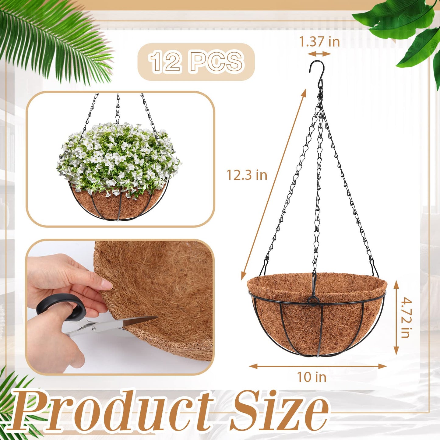 Dandat 12 Pack Hanging Planter Basket Outdoor Large Hanging Flower Pots Indoor 10 inch with Coco Coir Liner Round Wire Plant Holder Chain Basket Garden for Home Decor Balcony Office