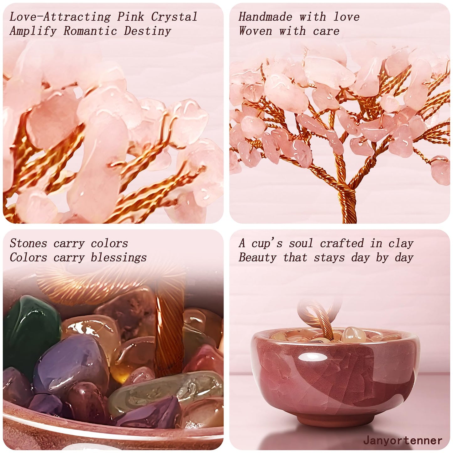 Janyortrenner Rose Quartz Crystal Tree,Romantic Office Desk Bedroom Decor,Handmade Copper Wire in Crackle Ceramic Base,Spiritual Gift for Her