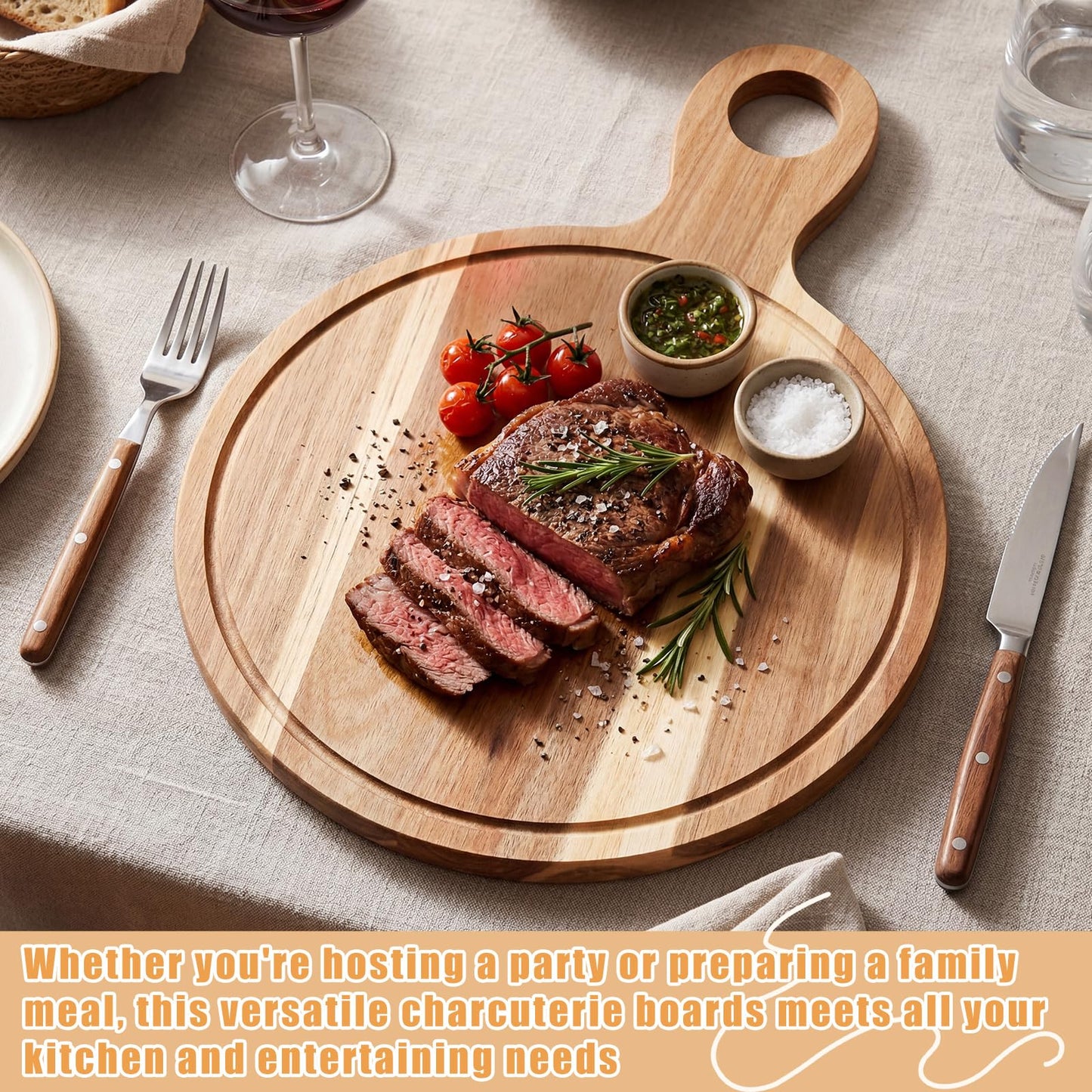 Yiyiring 10 Pcs Acacia Wood Cutting Board with Handle Bulk 15.8 x 11.4'' Round Charcuterie Chopping Board for Pizza Cheese Meat Decorative Natural Wooden Serving Tray for Kitchen and Dining Room