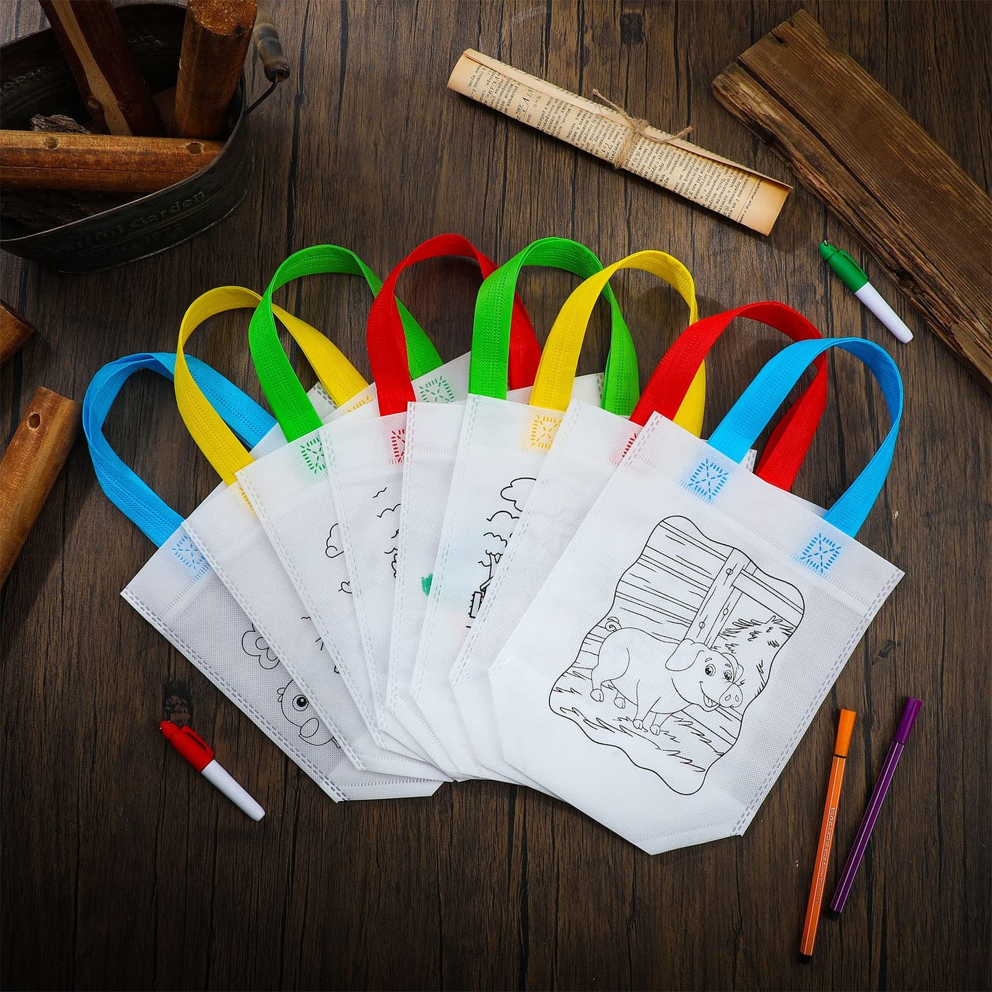 Kacctyen 45 Pcs Farm Animals Color Your Own Goodie Bags Craft Bulk Reusable Coloring Art Party Favor Paint Graffiti Bags for Farm Theme Barnyard Birthday, 9 Styles