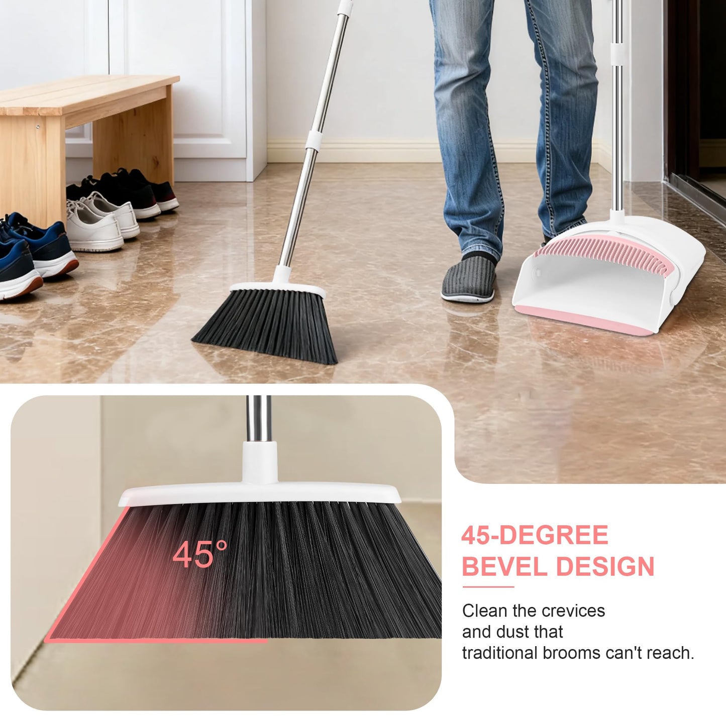 Broom with Dustpan Combo Set for Home 52-in Long Adjustable Handle Angle Broom and Dustpan Set with Dustpan Comb Teeth for Sweeping Pet Hair Food Dirt Kitchen