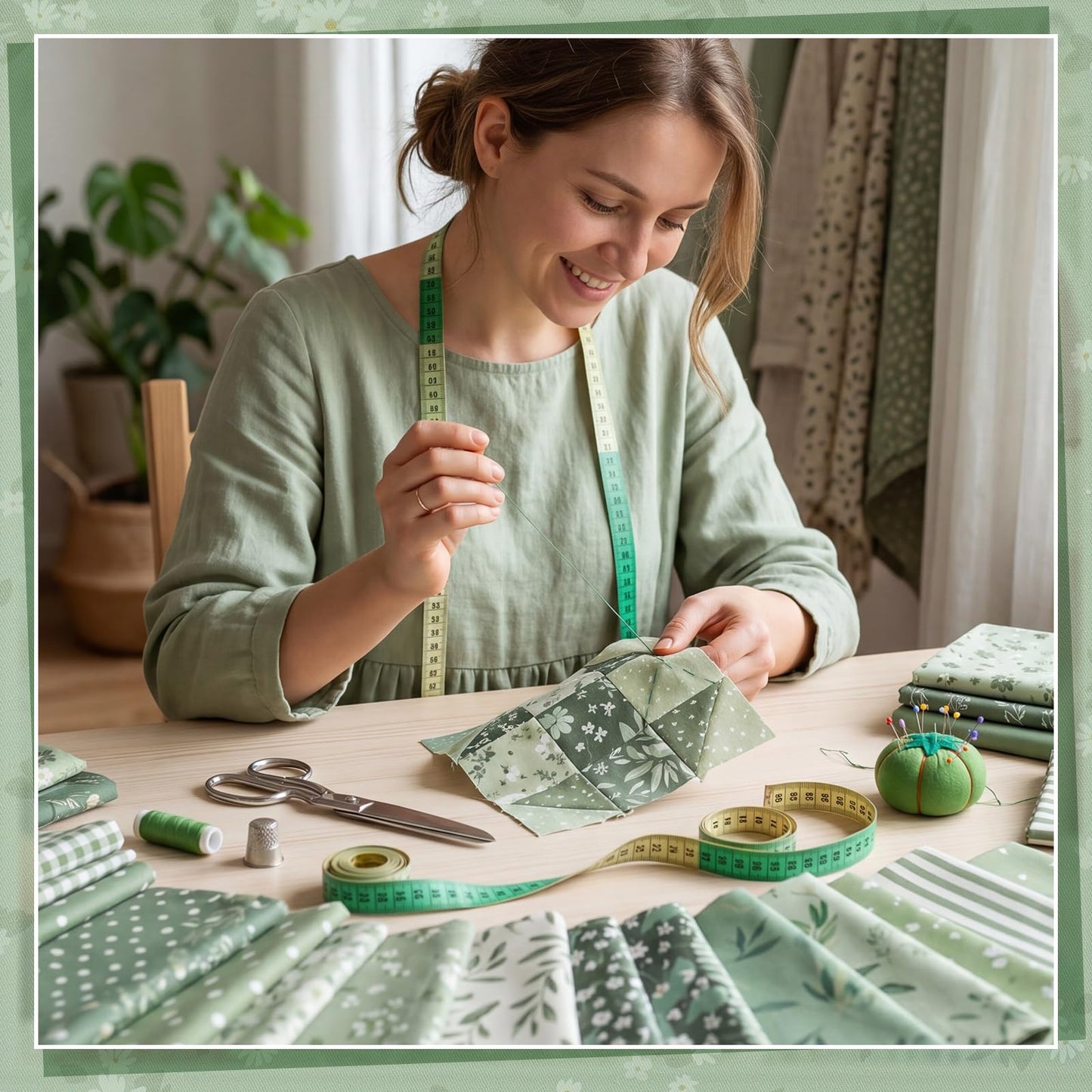 25 Pcs Sage Green Quilting Fabric Scraps, 10''x10'' Green Cotton Fabric Squares Vintage Precut Quilt Kits Include Floral Pattern Spring Leaf Print for DIY Craft Supplies