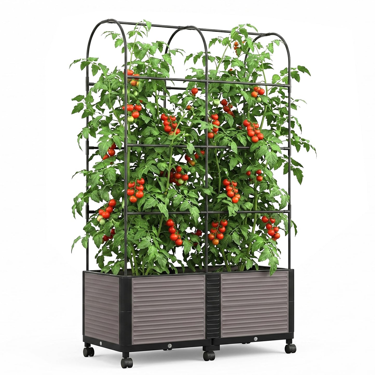 UrGROWA Raised Garden Bed Planter Box with Trellis, 72.8'' Tomato Planters for Climbing Plants Vegetable Vine Flowers Outdoor Patio Tomato Cage, Self Watering Planter with Wheels