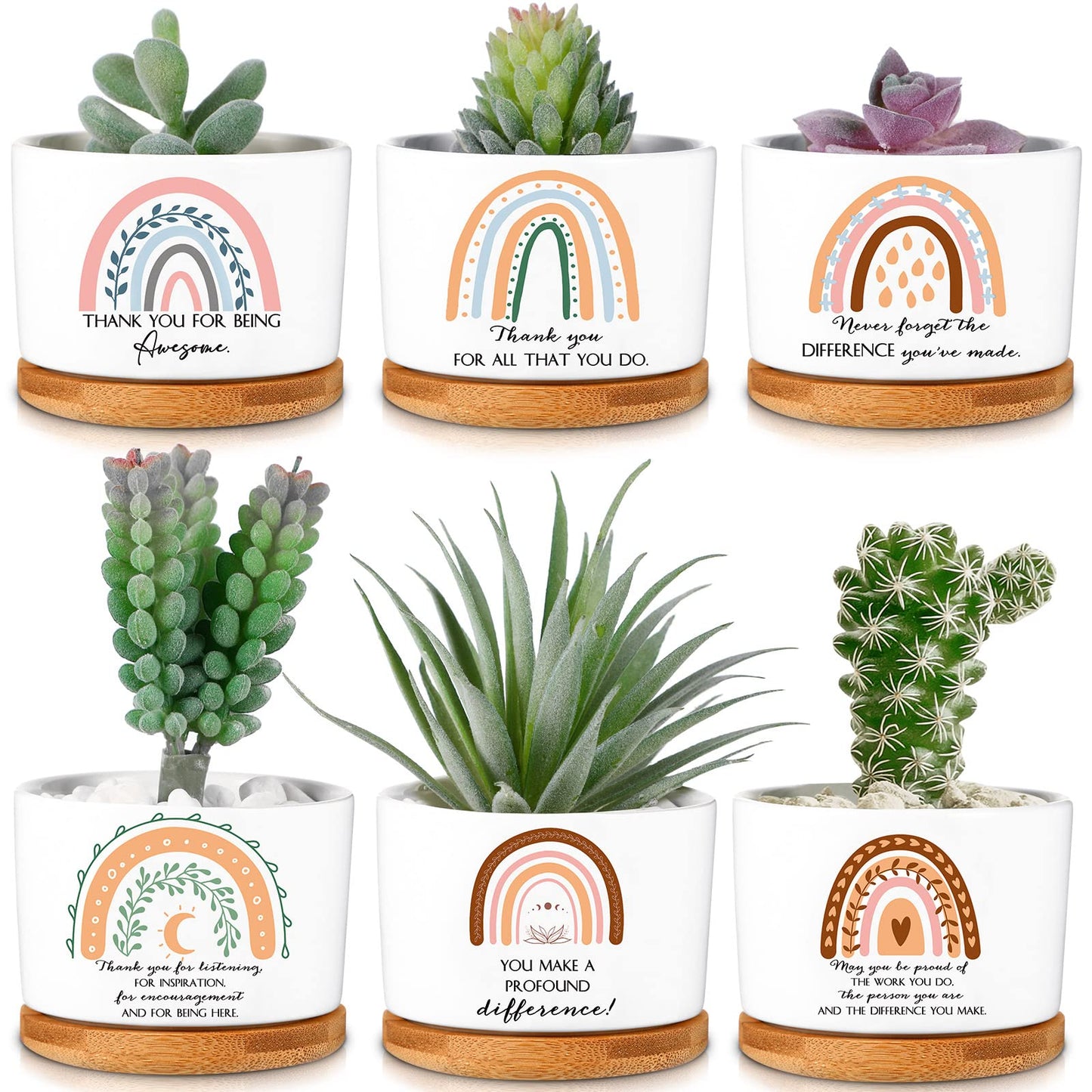 Sieral 6 Pcs Thank You Employee Appreciation Gift Succulent Pots Social Worker Gift Ceramic Plant Pot with Bamboo Tray Succulent Planter for Coworker Teacher, Plants Excluded (Boho Style)