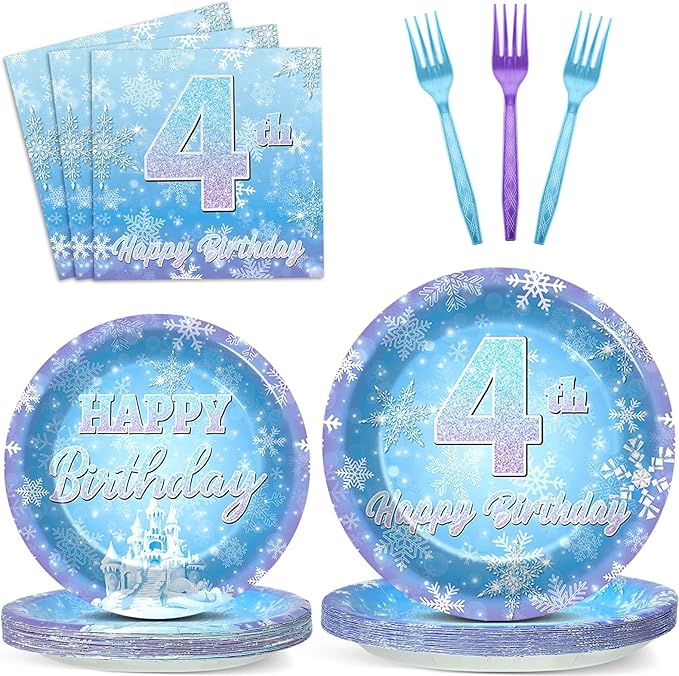Snowflake Winter Wonderland 4th Birthday Paper Plates Napkins Forks Disposable Dinnerware Happy 4th Birthday Blue and Purple Winter Snowflake Tableware for Kids Christmas onderland Party Decorations
