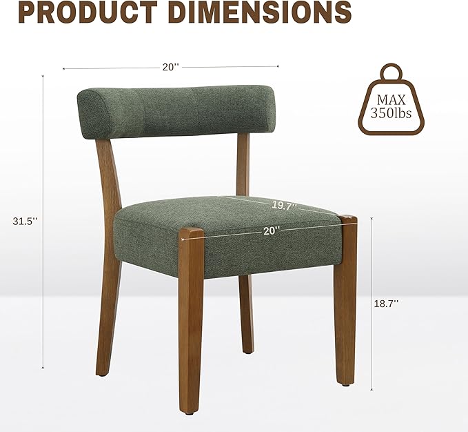 Modern Green Dining Chairs Set of 4, Walnut Upholstered Kitchen & Dining Room Chairs, Mid Century Modern Wooden Dining Chairs Oversized Sturdy Fabric Rounded Chairs Curved Back