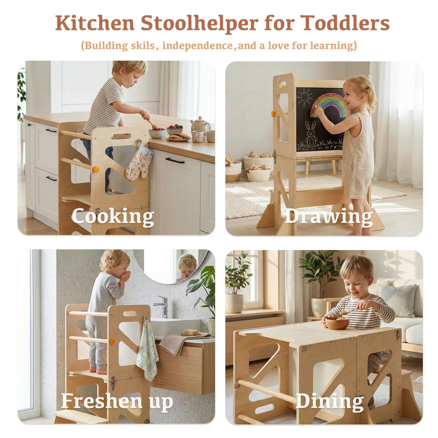 Toddler Kitchen Stool, 4 in 1 Foldable Toddler Tower with Anti-tip Structure, Montessori Learning Standing Tower for Kitchen Counter & Bathroom Sink, Kitchen Stool Helper for Kids 18M+