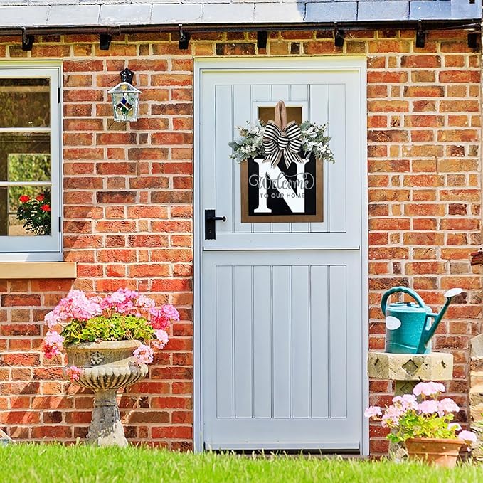 Last Name Year Round Front Door Wreath Front Porch Decoration 26 Letter Welcome Sign with Eucalyptus Garland and Bow Spring Wreaths for Front Door Outside Hanger Garland (N)