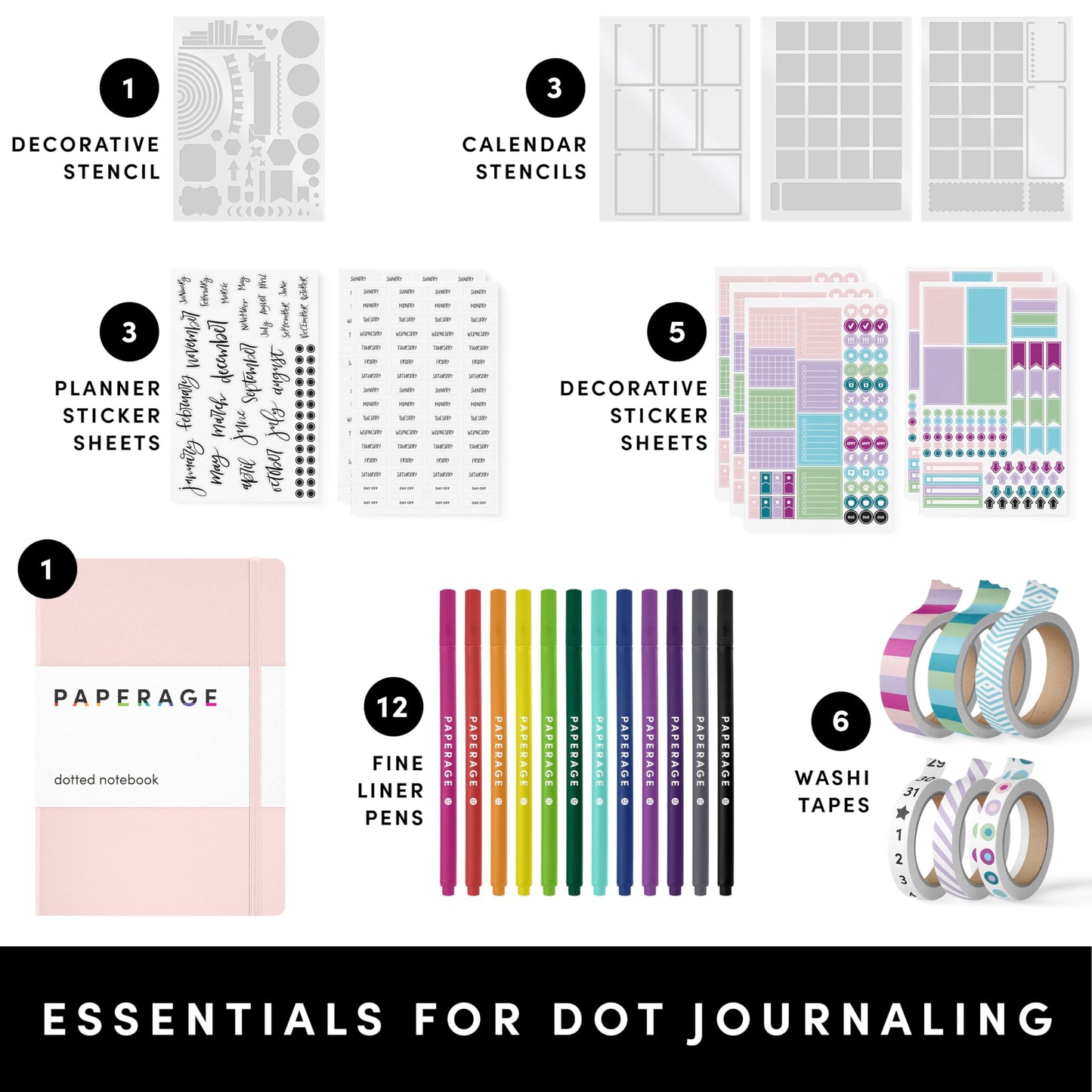 PAPERAGE Bullet Style Journal Kit, Dotted Journaling Set & Stationary Kit, Hardcover Dotted Journal Notebook (Blush), 12 Fineliner Pens, 8 Sticker & 4 Stencil Sheets, 6 Washi Tapes