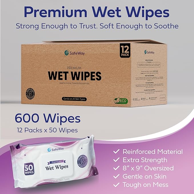 SAFEWAY USA Adult Wipes Disposable — Multi-Purpose & Alcohol-Free, Preferred by Caregivers for Seniors & Incontinence Solution, Aloe-Infused, Ideal for Sensitive Skin — Extra Large, 12 Pack 600 pcs.