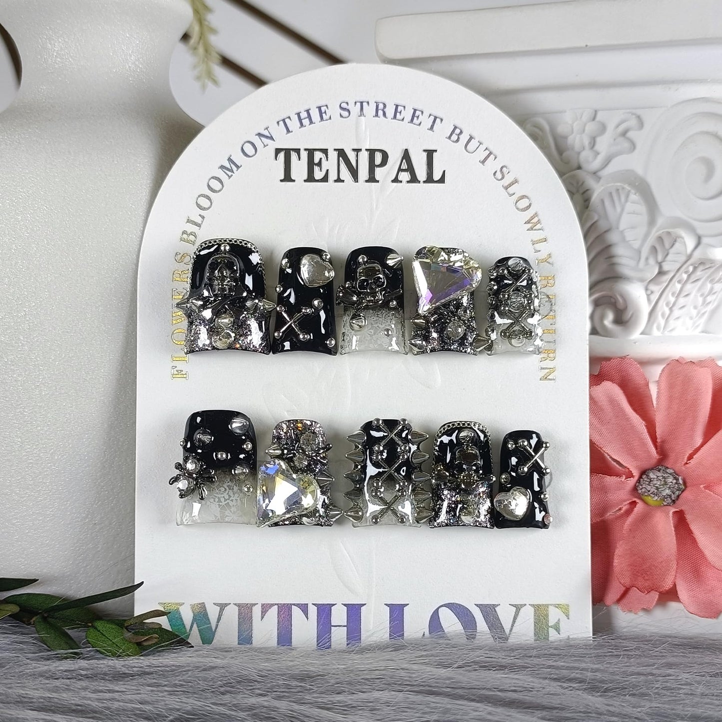 TENPAL 10Pcs Gothic Duck Nails Handmade Thick Press on Nails with Clip,Punk Studs Crystal Skull Short Duck Fake Nail Tips,Glossy Black Duckbill for Halloween Party,Reusable Dark Glam Glue on Nails(S)