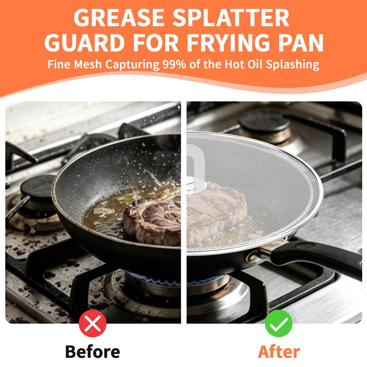 SHAOKAOLU Splatter Screen for Frying Pan Set, 3 Pack (10", 11.5", 13") Stainless Steel Grease Splatter Guard with Foldable Handle, Fine Mesh Oil Splash Screen with Silicone Oven Mitts, Dishwasher Safe