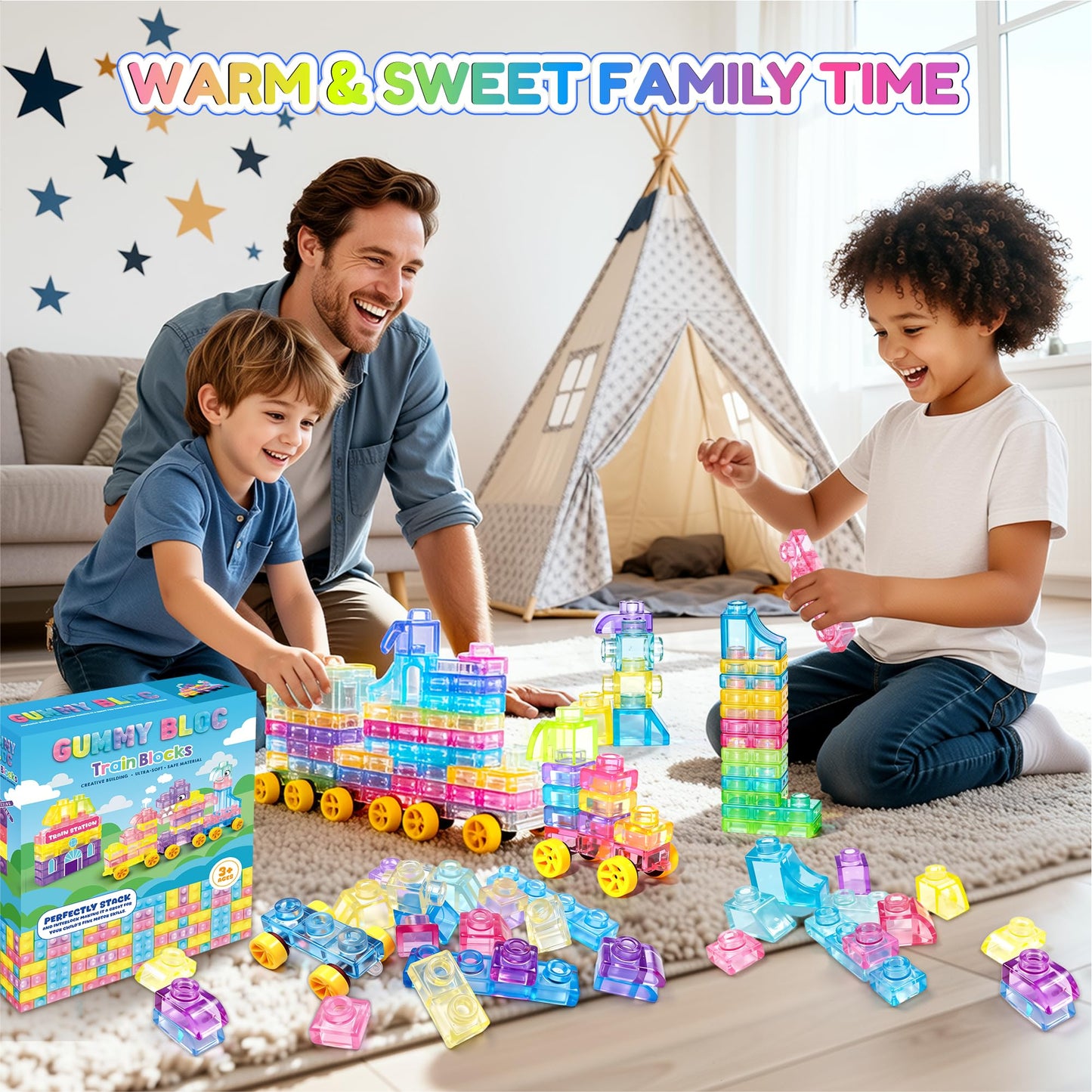 Soft Train Building Blocks with Wheels, 42 PCS Montessori Sensory Stacking Blocks, Toddler Learning Toy with Station, Squeezable, Stretchable & Stackable Tactile Toys, Preschool Creative Play for Kids