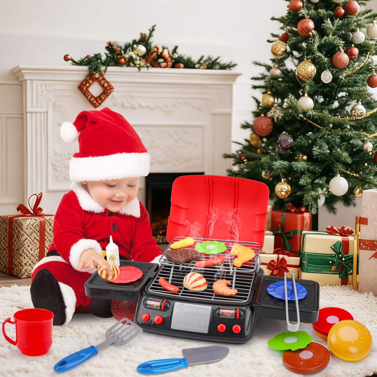 Kids Play Food Grill with Pretend Smoke Sound Light Kitchen Playset BBQ Accessories Camping Cooking Set Barbecue Toddler Girl Boy Toy 2 3 4 5 6 Year Old 4-8 Birthday Kid Toy Idea