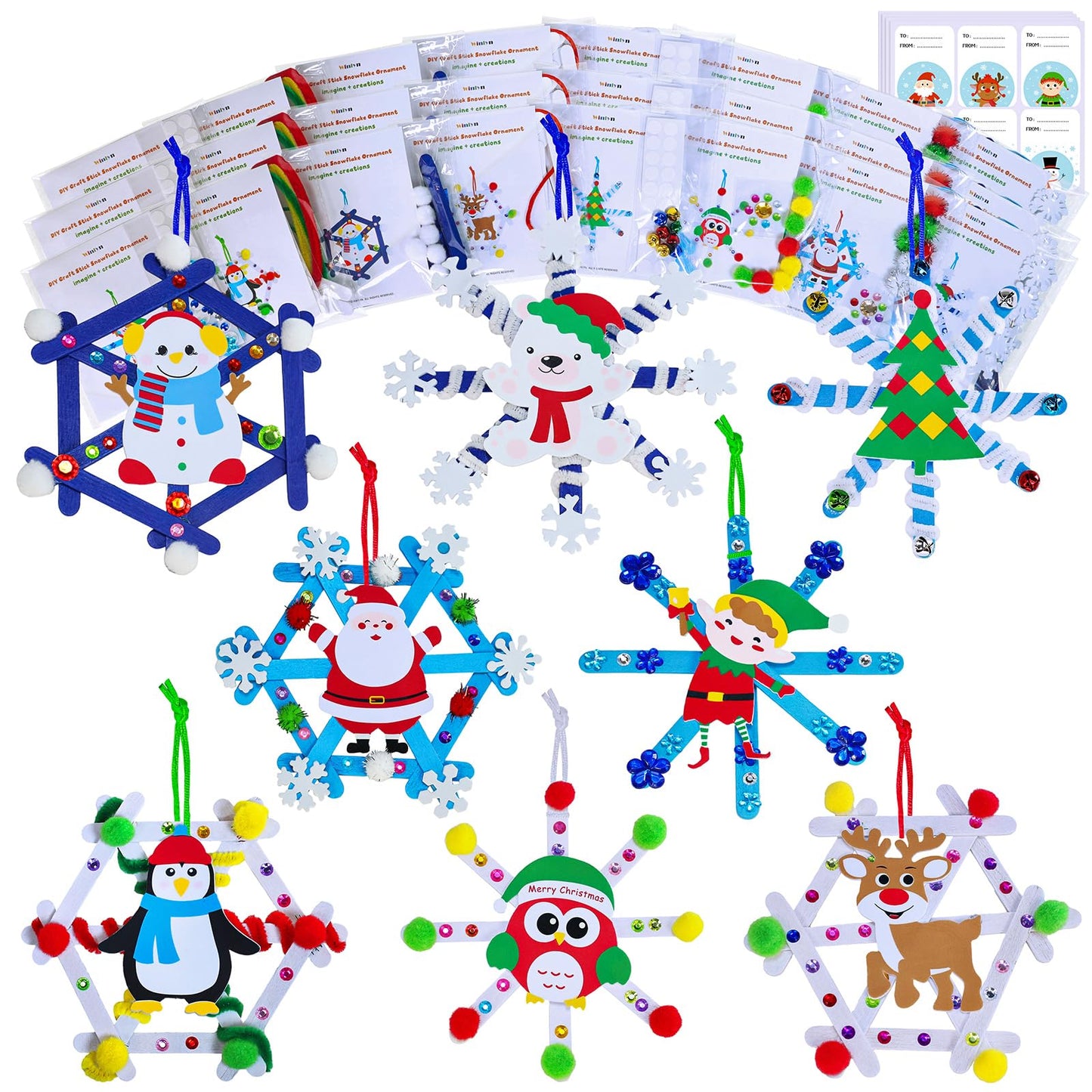Winlyn 24 Sets Christmas Craft Kits Winter Crafts Popsicle Stick Snowflake Ornaments Decorations Art Sets Craft Stick Snowflake Christmas Stickers for Kids Holiday Classroom Activities Party Favors