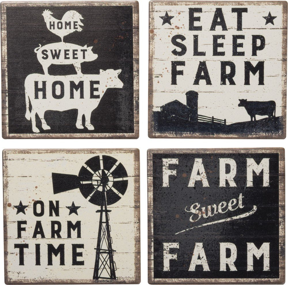 Primitives by Kathy Set of 4 Absorbent Stone Coasters, Rustic Farmhouse Coaster Designs, Farm Sweet Farm, Includes Wire Holder, Slatted Wood Style with Distressed Details, 4 by 4 Inches Each