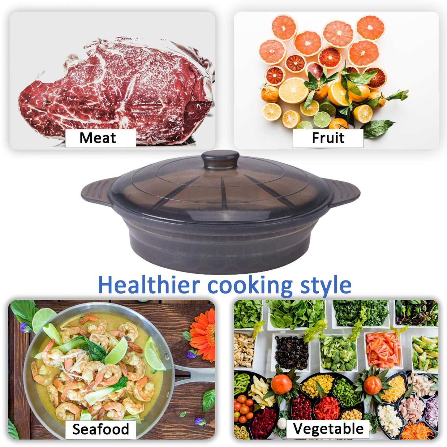 Microwave Steamer Cooker Collapsible Bowl Silicone Baked Potato Cookware with Handle Lid for Vegetables Fish Prep Meal Food with Removable Rack BPA Free Easy to Store Freezer Dishwasher Safe Black