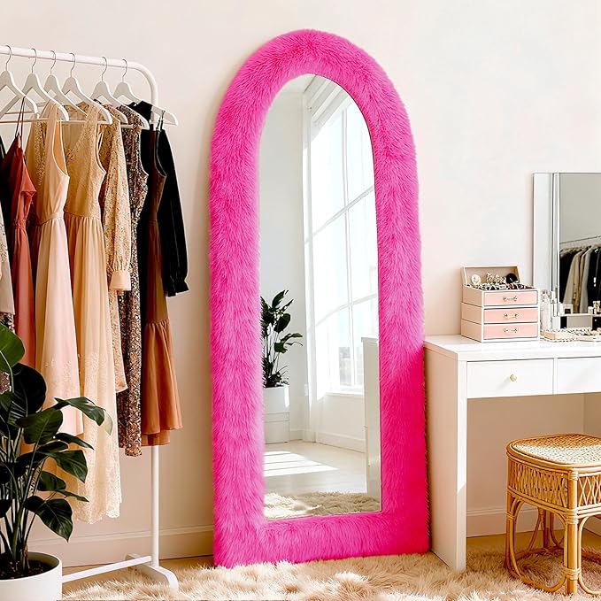 Fluffy Full Length Mirror Cover Universal Ultra Soft Non-Slip Border with Adhesive Tape Pink Fuzzy Frame Decor for Standing Mirror Bedroom Cloakroom Home Decor Women Gifts (vibrant pink, 59x16 inches)