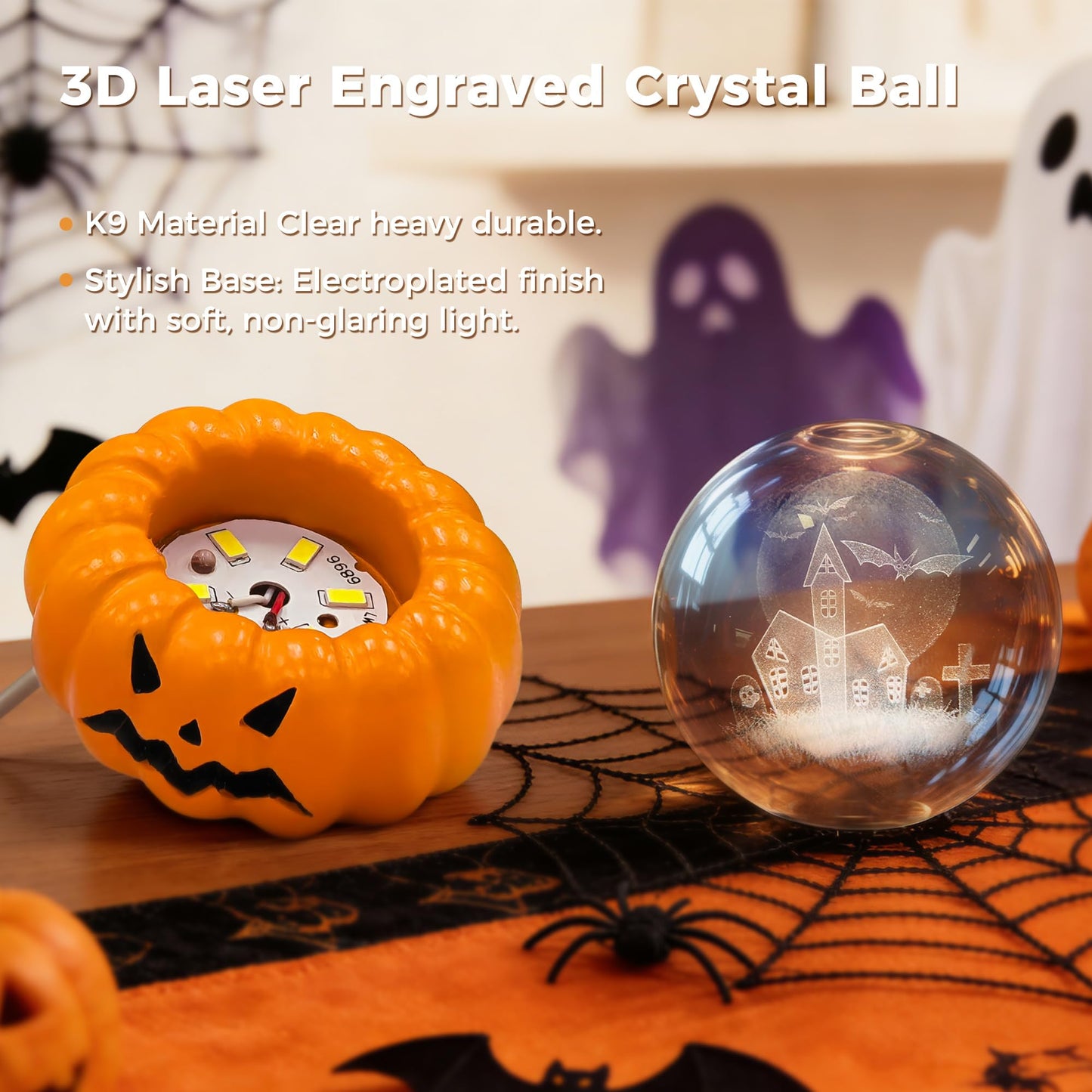 Briignite LED 3D Crystal Ball Night with Pumpkin Switch Light Base, Funny Halloween 3000K Warm Night Light for Kids Room Holiday Party Decor and Gift