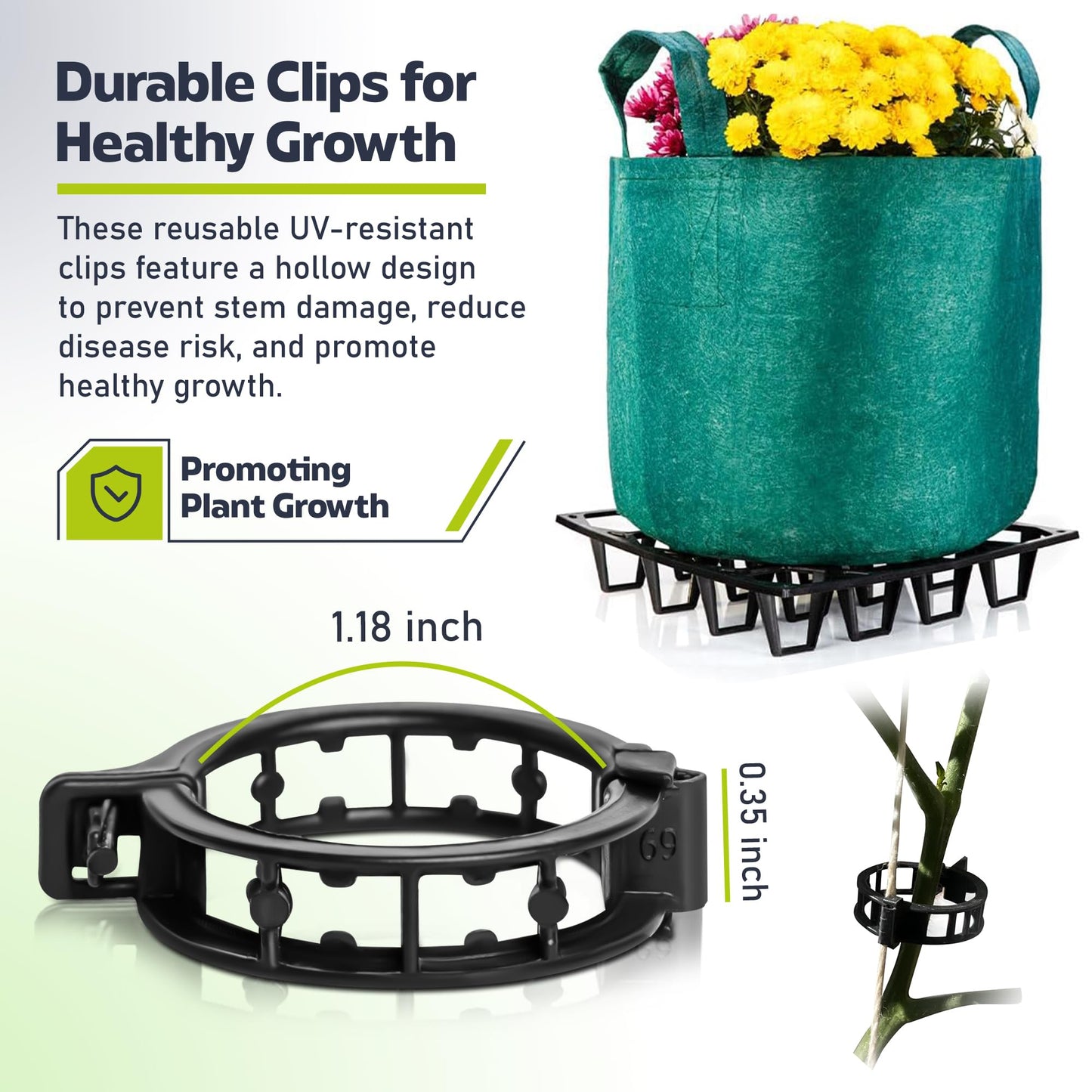 Cannrise Plant Riser – Modular Pot Spacer for Grow Bags, Planters & Containers – UV-Resistant Drainage Tray for Airflow, Root Health & Cleaner Surfaces (Standard Black W/ 50 clips, 5 Pack)