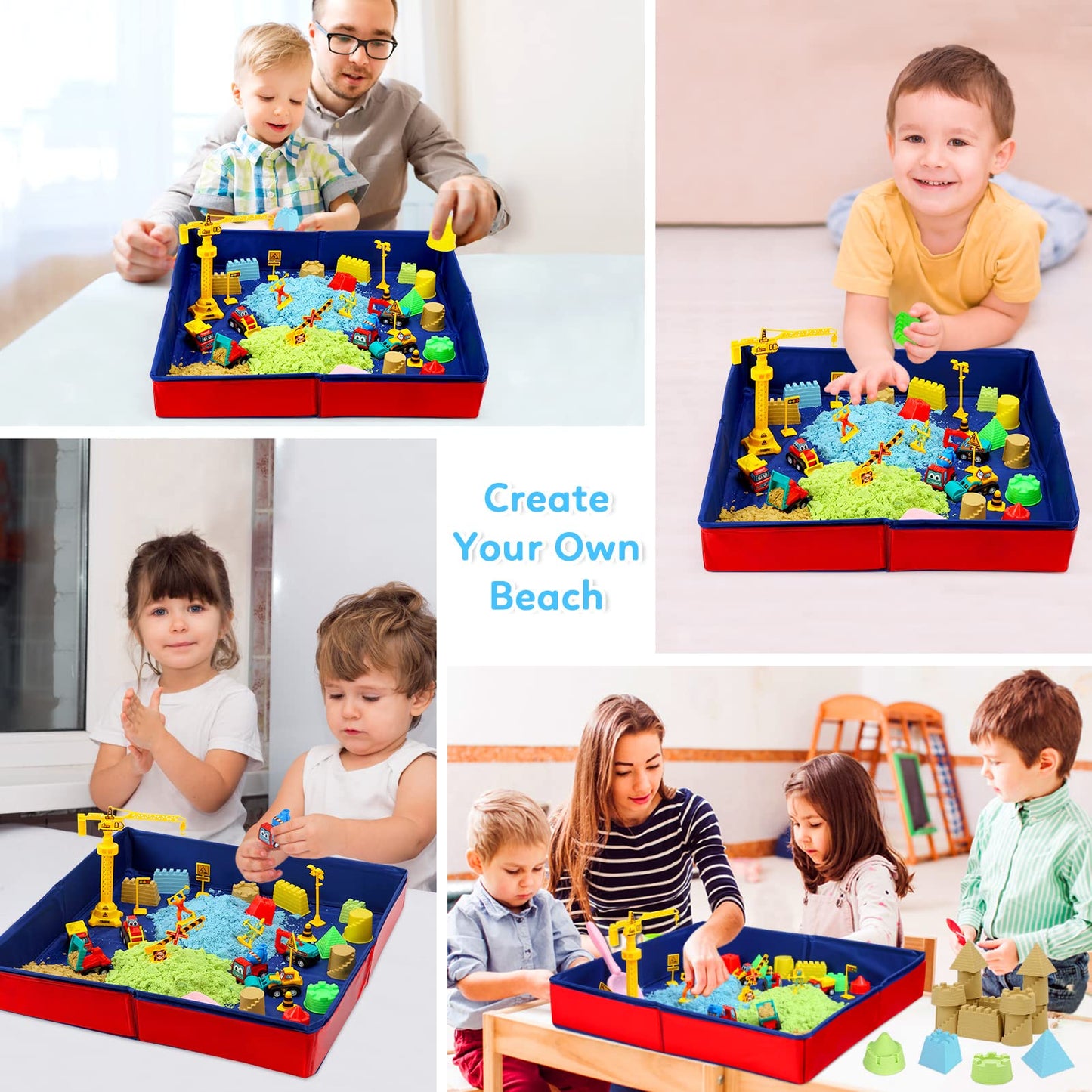 GarveeLife Kids Sand Kit, 43PCS Set w/Tools, 6 Construction Trucks & Castle Molds, Foldable Sand Box Storage Bin Tote, Toys for Boys Girls
