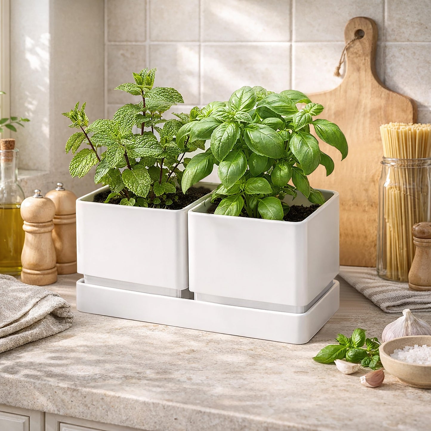 D'vine Dev Indoor Herb Garden Planter Set, Plastic Windowsill Plant Pots with Drainage and Saucer, Indoor Succulent Cactus Vegetable Pot for Balcony, Office, Garden, White, Set of 2, 76-Q-A-2