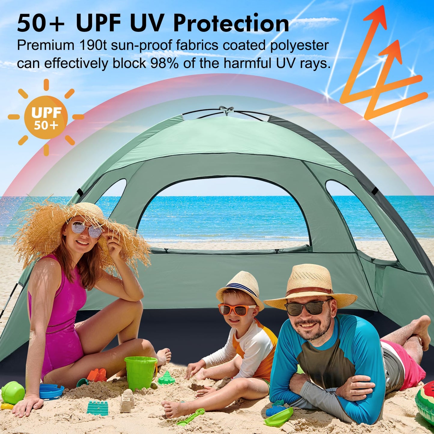 WhiteFang Beach Tent Anti-UV Portable Sun Shade Shelter for 3 Person, Extendable Floor with 3 Ventilating Mesh Windows Plus Carrying Bag, Stakes and Guy Lines (Mint Green)