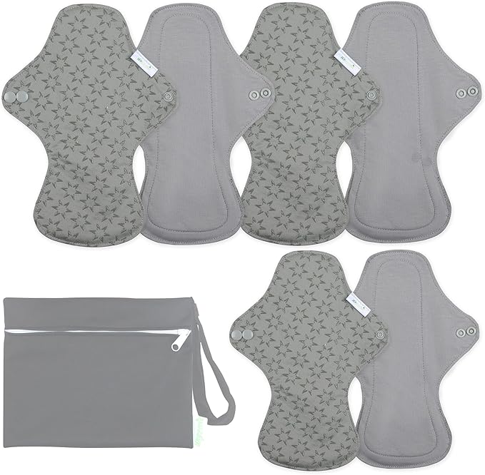 wegreeco 6 Pcs Reusable Menstrual Pads, Ultra Absorbent Cloth Pads for Heavy Flow, Sanitary for Teens, Women, Nonslip, Grey Inner, Grey Outer, Small