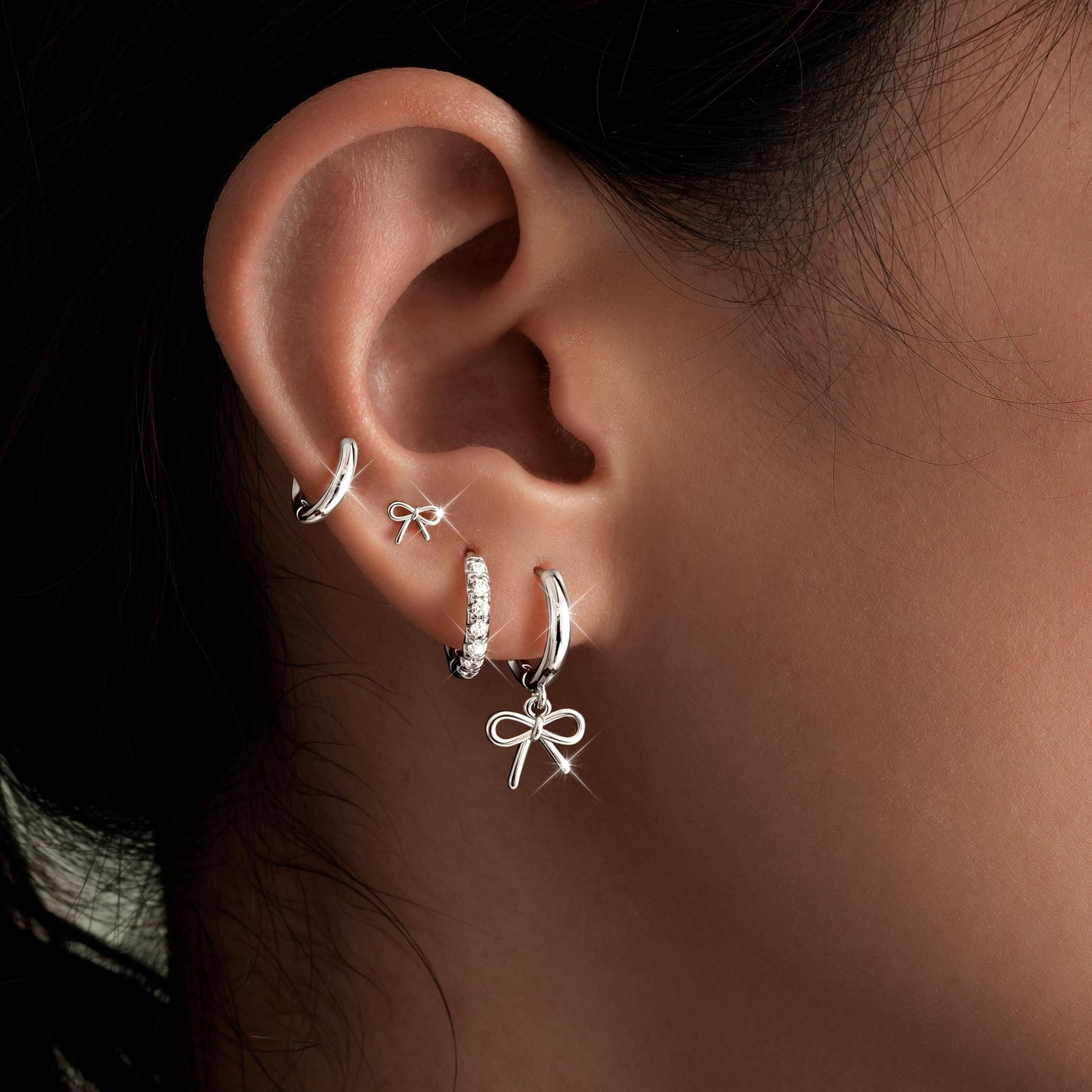 Silver Bow Earrings for Women,Huggie Small Stack Cartilage Stud Hoop Earring Sets for Multiple Double Piercing, Conch Helix Rook Tragus Daith Piercing Silver Clip On Jewelry Set Gifts