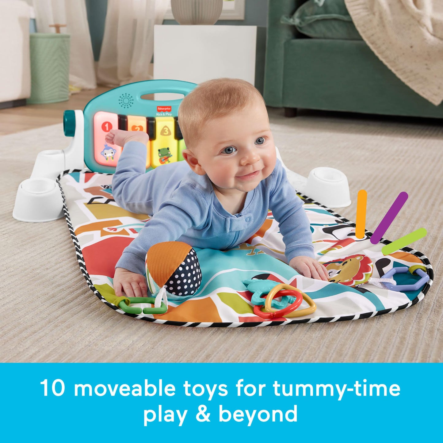 Fisher-Price Baby Activity Mat Glow & Grow Kick & Play Piano Gym, Spanish Language Version, Blue Musical Learning Toy for Ages 0+ Months