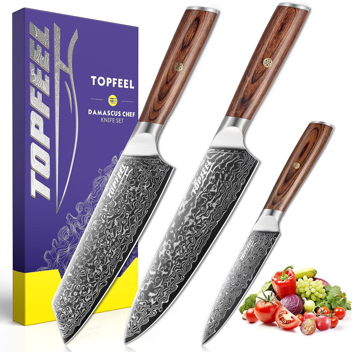 Damascus Kitchen Knife Set 3 PCS, Ultra Sharp Chef Knife Set With Japan VG-10 Steel Core, Professional High Carbon Steel Japanese Knife Sets for Cooking With Ergonomic Wooden Handle & GIFT BOX