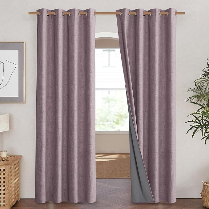 NICETOWN Chaise Mauve Vintage Linen 100% Blackout Curtains for Living Room, Thermal Insulated Curtains 84“ Long, Noise Reducing Window Treatment Drapes for Hall Room, 52" Wide Per Panel, Set of 2