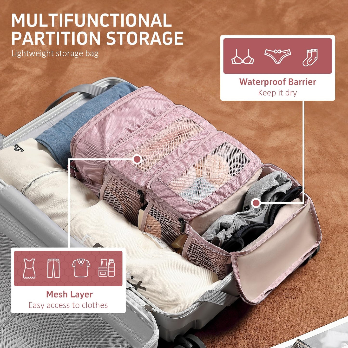GOLF QUALITY Multi-layer storage bag Casual simple Luggage Packing Organizer with Hook,Clothing Underwear Bag,Carry On Closet,Purple pink