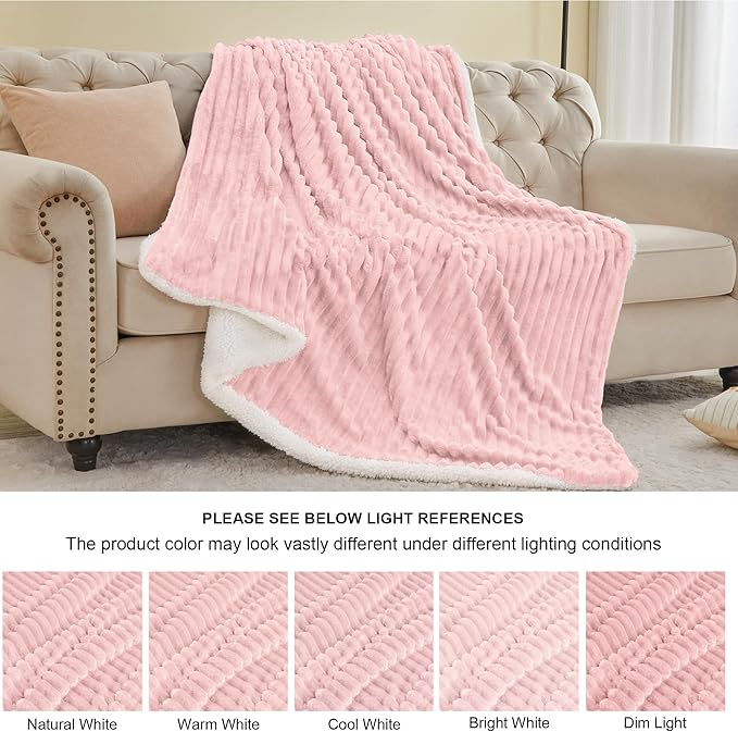 INFIIXSO Sherpa Throw Blanket for Couch - Super Soft & Warm Striped Fleece Blanket, Cozy Plush Fluffy Blanket All Season Use (Pink, 50x60 Inches)